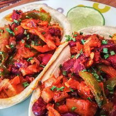 A picture of Flame-Roasted Bell Pepper and Seitan Chili Taco Boats (Vegan).