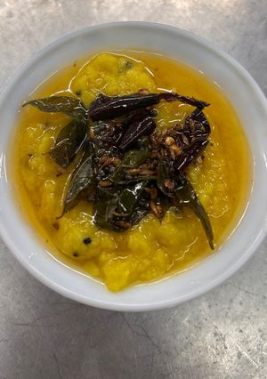 A picture of Green moong and toor dal fry.