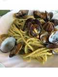 Spaghetti with Clam Sauce and Pistachio Pesto