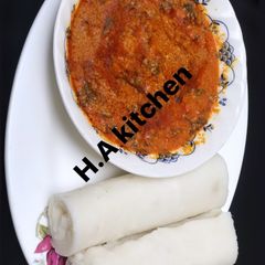 Pounded yam with Egusi soup A picture of Pounded yam with Egusi soup.