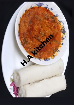 A picture of Pounded yam with Egusi soup.