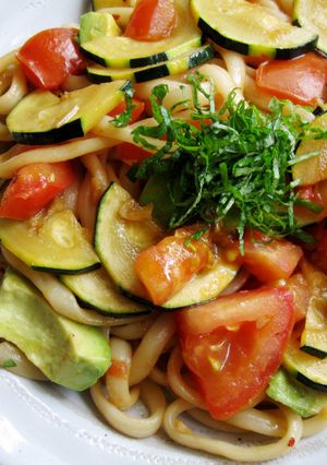 A picture of Stir-fried Udon with Tomato, Zucchini & Avocado.