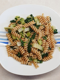 A picture of Whole Wheat Fusilli with Swiss Chard, Garlic, Oil, and Chili Pepper.