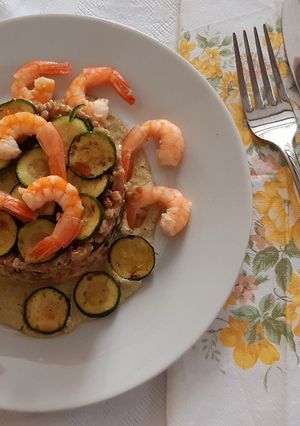 A picture of Farro with Zucchini Pesto and Shrimp.
