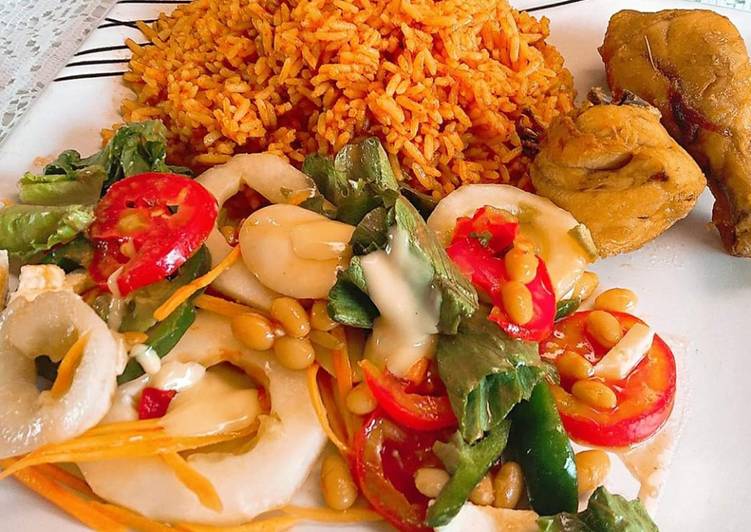 Recipe of Any-night-of-the-week Jollof rice,fried chicken and salad