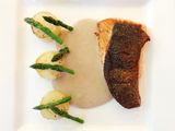 Crispy Skin Salmon, Asparagus with Fondant Potato and Chestnut Sauce
