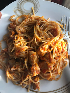 A picture of Squishy Jollof spaghetti.