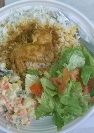 A picture of Chicken Curry and Green salad.