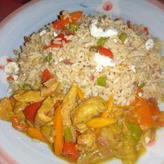 A picture of Chinese rice with chicken curry soup.