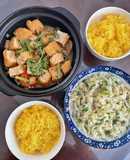 Bữa tối đơn giản với đậu phụ và bắp cải xào ăn với cơm nghệ