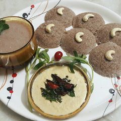 A picture of Ragi idli Coconut Chutney Ragi Malt.