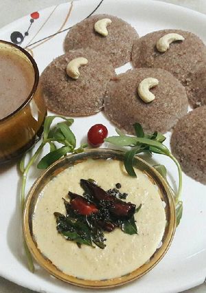 A picture of Ragi idli Coconut Chutney Ragi Malt.