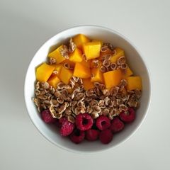 A picture of Mango, Rasberry, and Greek Yogurt Bowl.