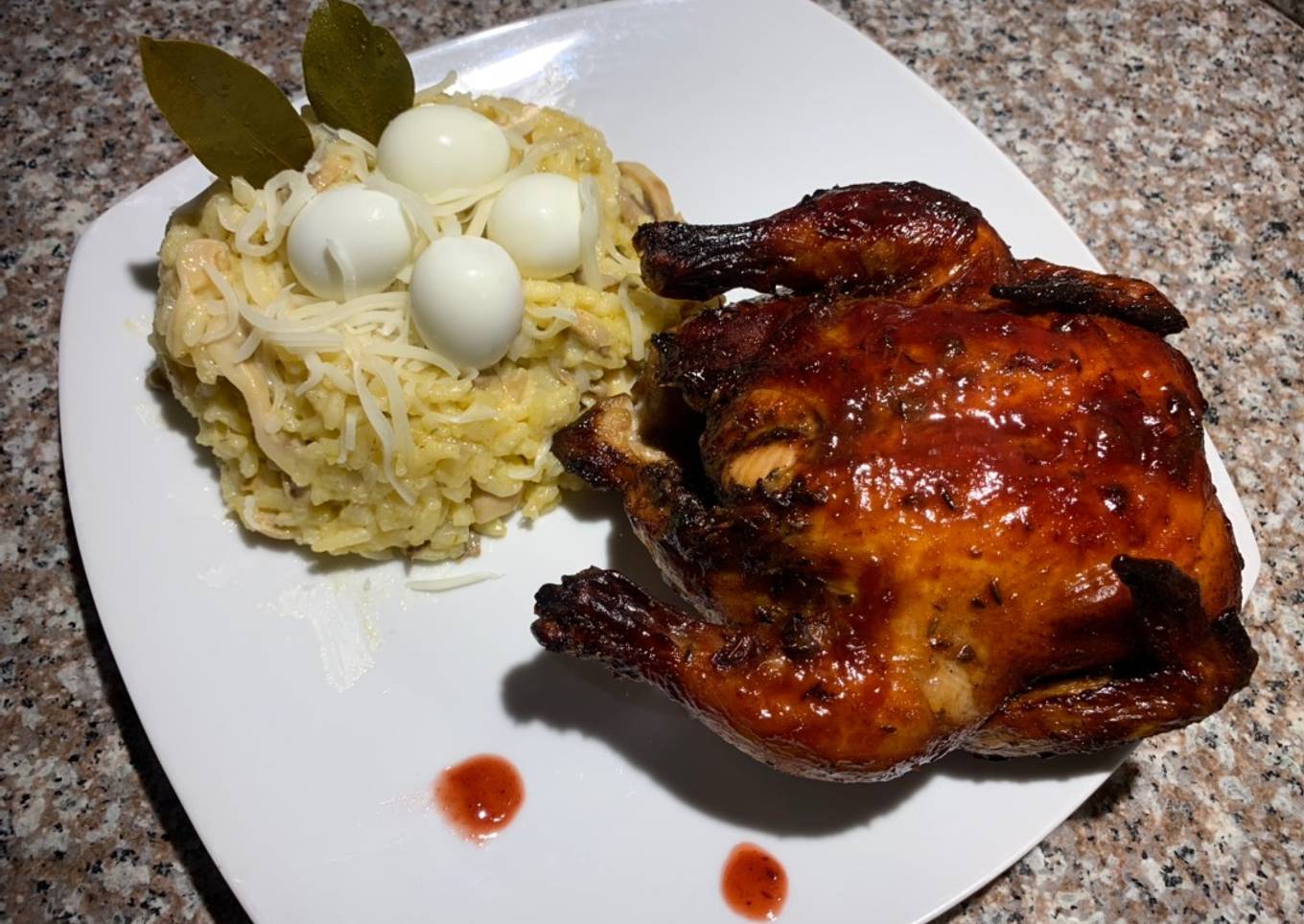 Codorniz en salsa BBQ de moras con Risotto de Hongos