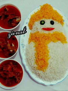 عکسی از دستور چلو گوشت (تزیین برنج آدم برفی)