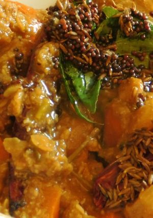 A picture of Pointed Gourd, carrots, pearl onions, red lentils stew –chapathi special side dish.