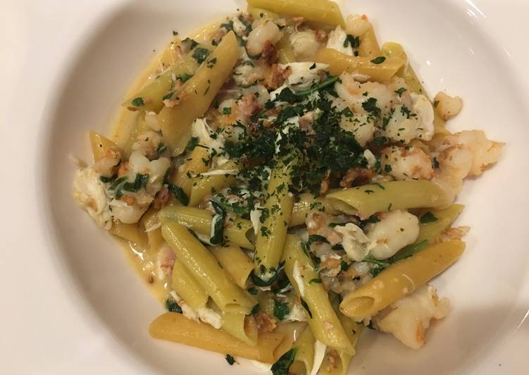 Simple Way to Make Speedy Crispy Pepper Seafood Scampi over Red & Green Lentil Penne
