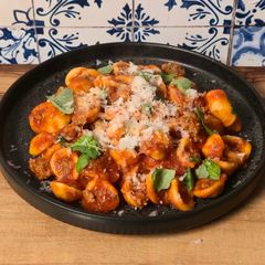 A picture of Orrechiette with Sausage & Tomato Sauce (Orrechiette con Salsiccia al Pomodoro).