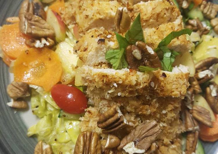 Steps to Prepare Favorite Coconut Crusted Chicken with Pecan, Apple Salad