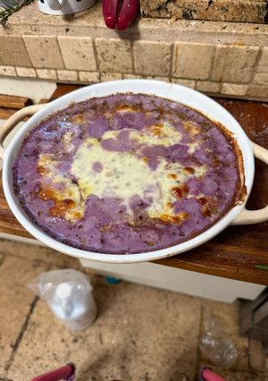 A picture of Purple mustard green dip- like purple spinach dip.