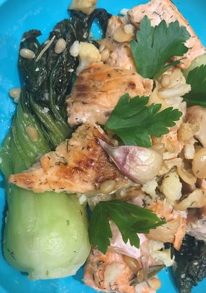 A picture of Monkfish and Salmon with Bok Choy.