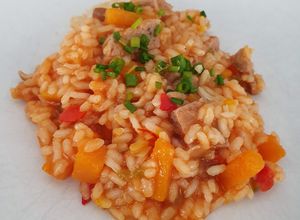 Una foto de Arroz con calabaza y setas shiitake