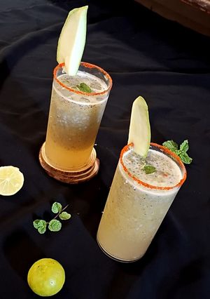 A picture of Sabja seeds Raw mango summer drink.