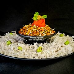 A picture of Moong Beans Sprout Methi Curry With Basmati Rice.