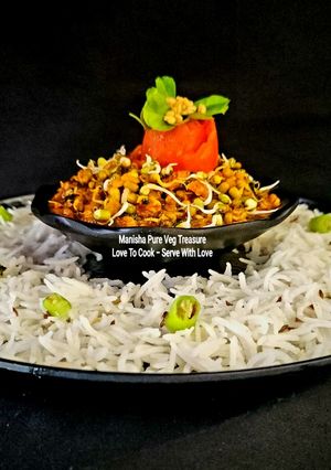 A picture of Moong Beans Sprout Methi Curry With Basmati Rice.