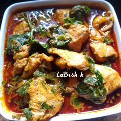 A picture of OFE AKWU (Banga Stew) with Broiler chicken.