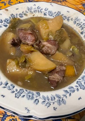 A picture of Country Soup with Leeks, Carrots, Potatoes, and Bacon.