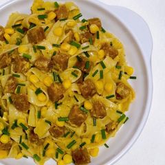 Fettuccine with Corn, Chives, Parmesan and Luncheon Meat A picture of Fettuccine with Corn, Chives, Parmesan and Luncheon Meat.