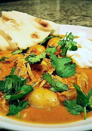 A picture of Indian spiced stew with chicken and potatoes.