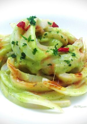 A picture of Squid Spaghetti with Zucchini Cream.