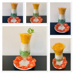 Tiranga Rice (palak rice, plain rice and carrot rice) A picture of Tiranga Rice (palak rice, plain rice and carrot rice).