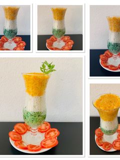 A picture of Tiranga Rice (palak rice, plain rice and carrot rice).