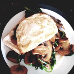 A picture of Mushrooms,spinach, egg on toast.