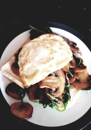 A picture of Mushrooms,spinach, egg on toast.