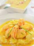 Rape con gambas, patatas panadera con salsa de naranja. (Thermomix)
