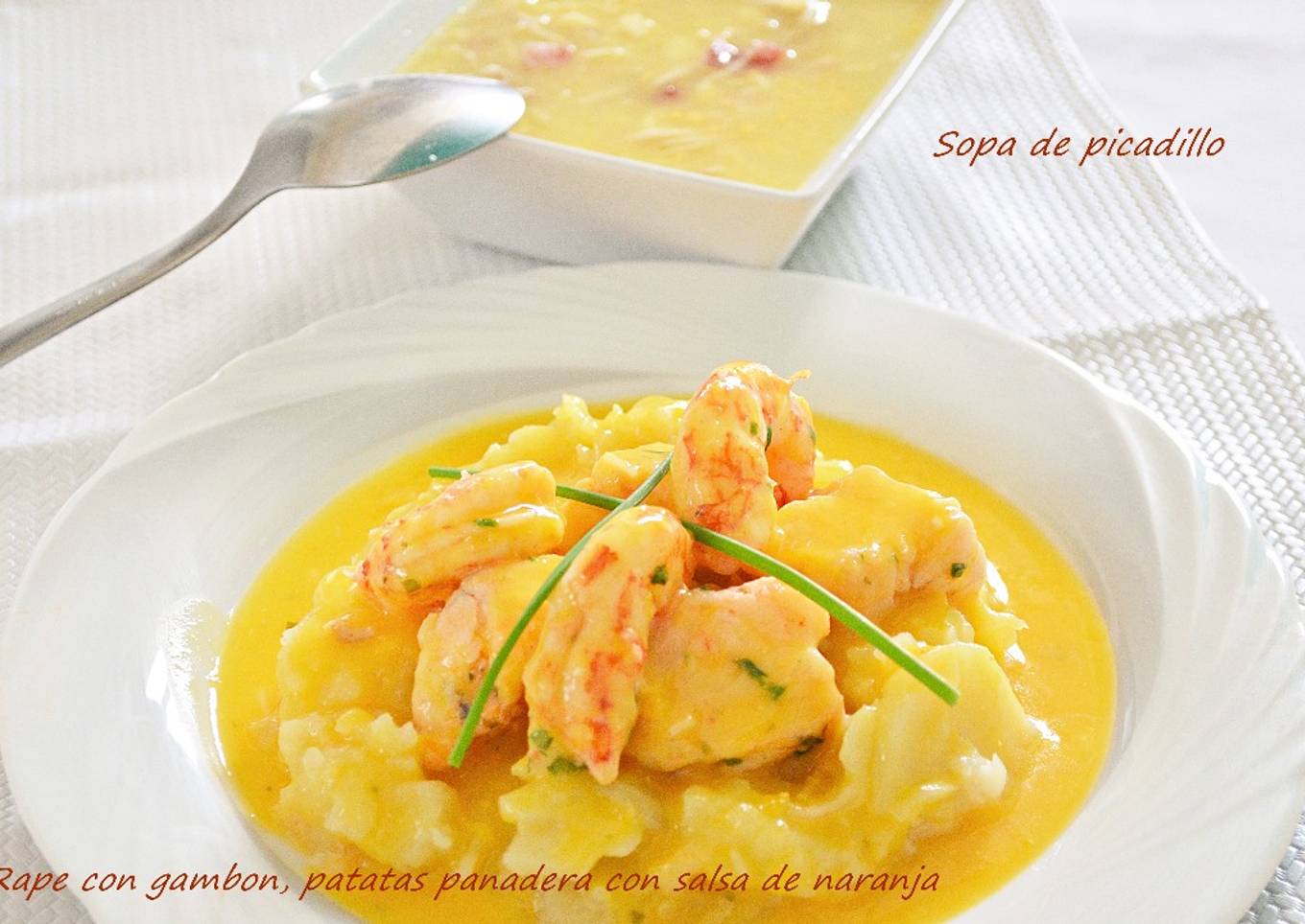 Rape con gambas, patatas panadera con salsa de naranja. (Thermomix)