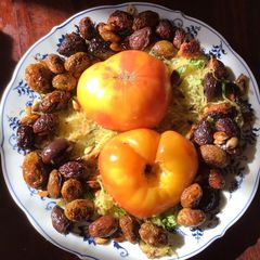 A picture of California Farm Panfried Olives with Heirloom Tomatoes.