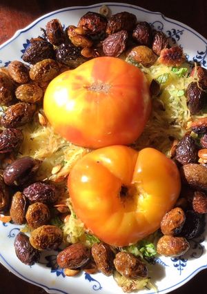 A picture of California Farm Panfried Olives with Heirloom Tomatoes.