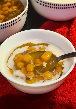A picture of Sweet-Potato Tapioca Porridge with Coconut Sauce.