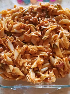 A picture of Red sauce pasta.