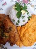Sweet Potato Mash with Fried Fish and White Rice with Peas