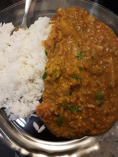 A picture of Masoor Dahl (Red Lentil Curry) with Rice.