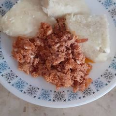 A picture of Egg sauce with boiled yam.