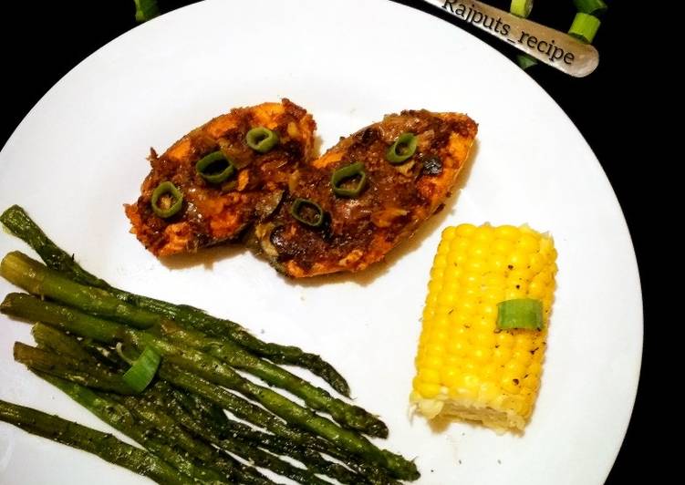 Roasted Masala Salmon Asparagus and butter corns