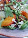 Ensalada de hinojo y frutas con flores de rúcula