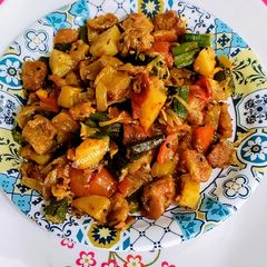 Okra, Soya, Potato Subzi A picture of Okra, Soya, Potato Subzi.